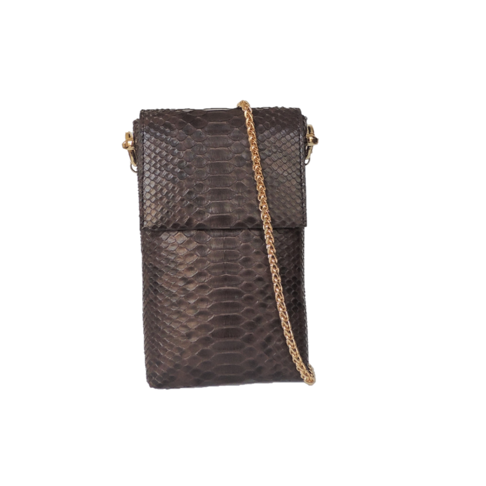 Bolso de piel de serpiente pitón natural marrón Con cadena metálica para llevarlo como bolso bandolera