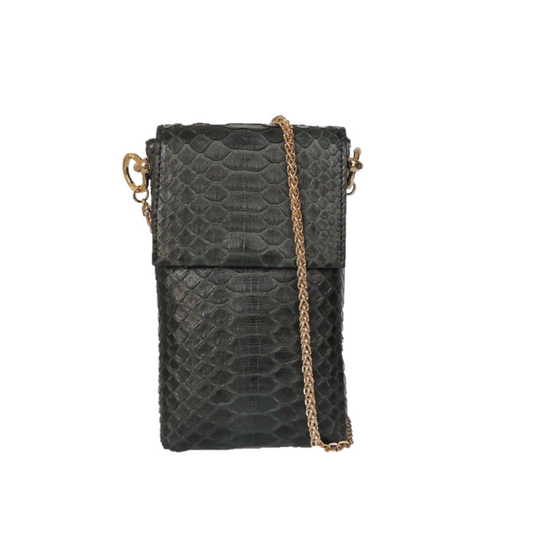 Bolso en piel de serpiente natural verdemate con cadena metálica dorada para colgar en bandolera o del hombro