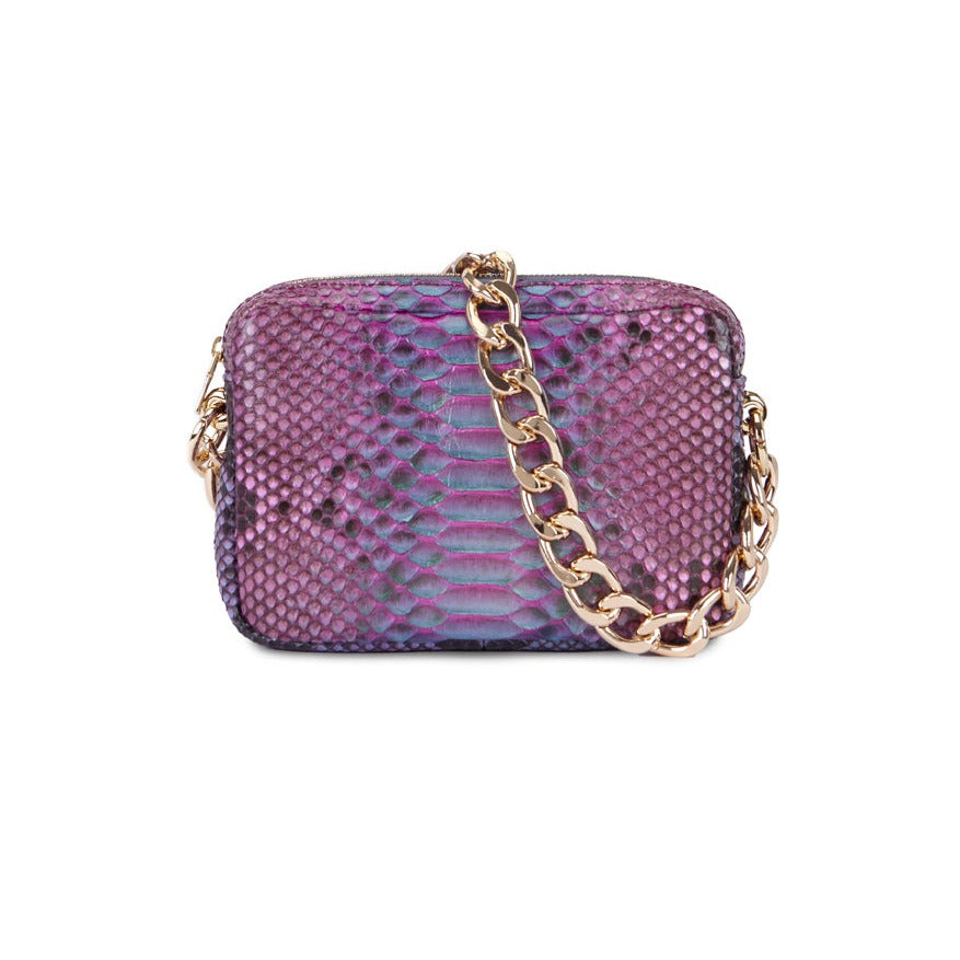 Bolso piel serpiente pitón natural color magenta con asa de cadena
