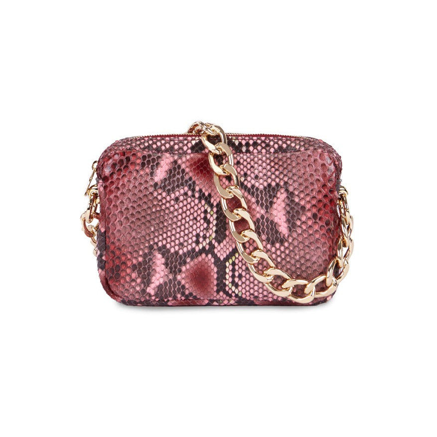 Bolso piel serpiente pitón natural color burdeos con asa de cadena