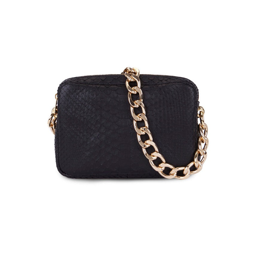 Bolso piel serpiente pitón natural color negro con asa de cadena